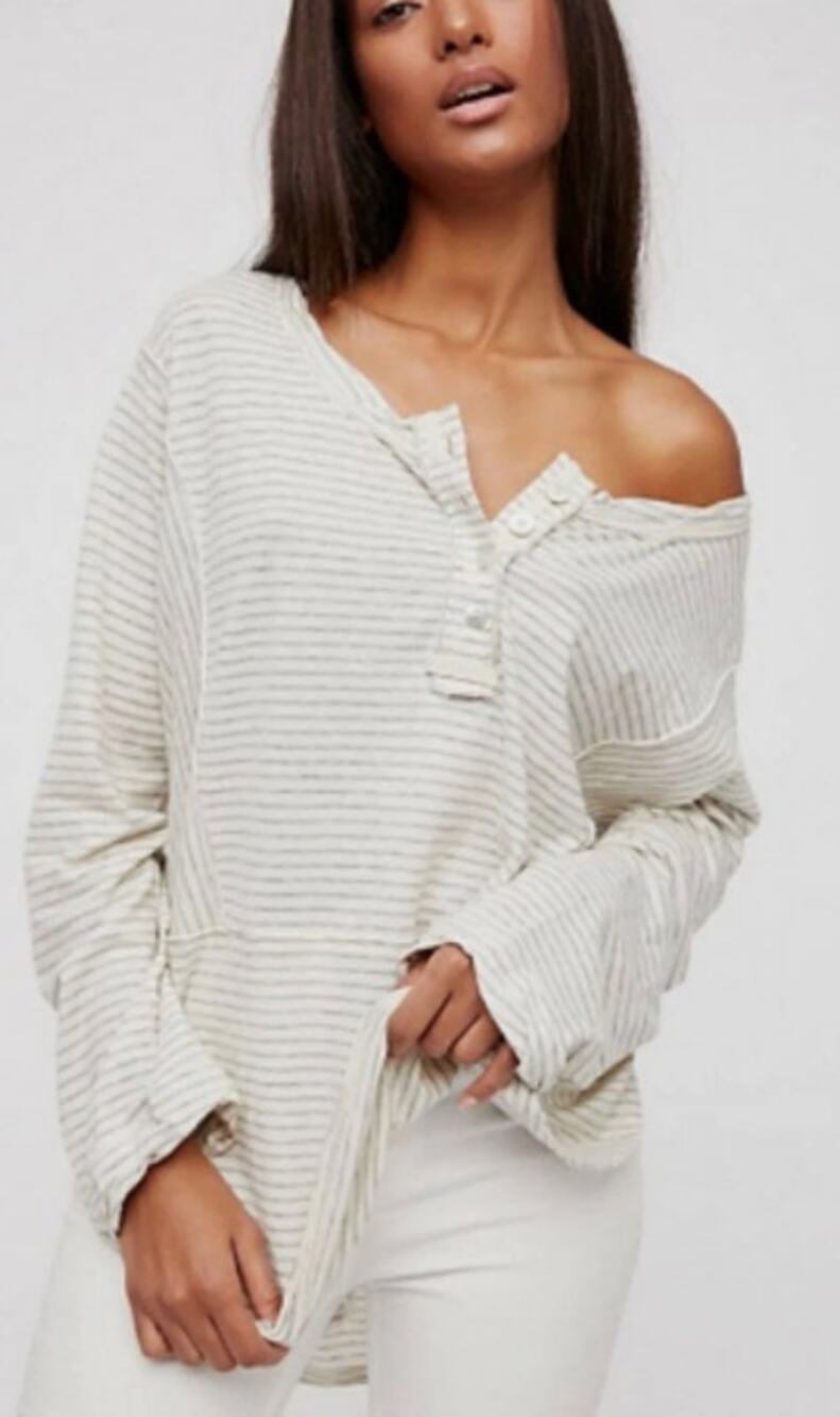 Free People Oversized Lightweight Striped Long Sleeve Hong Kong Henley Tee Large